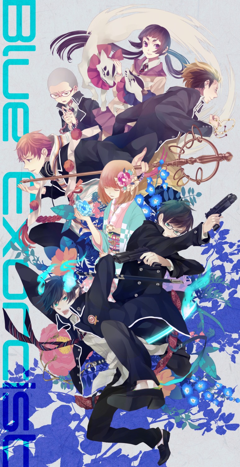 ao_no_exorcist, gun, kamiki_izumo, kimono, macco, megane, miwa_konekomaru, moriyama_shiemi