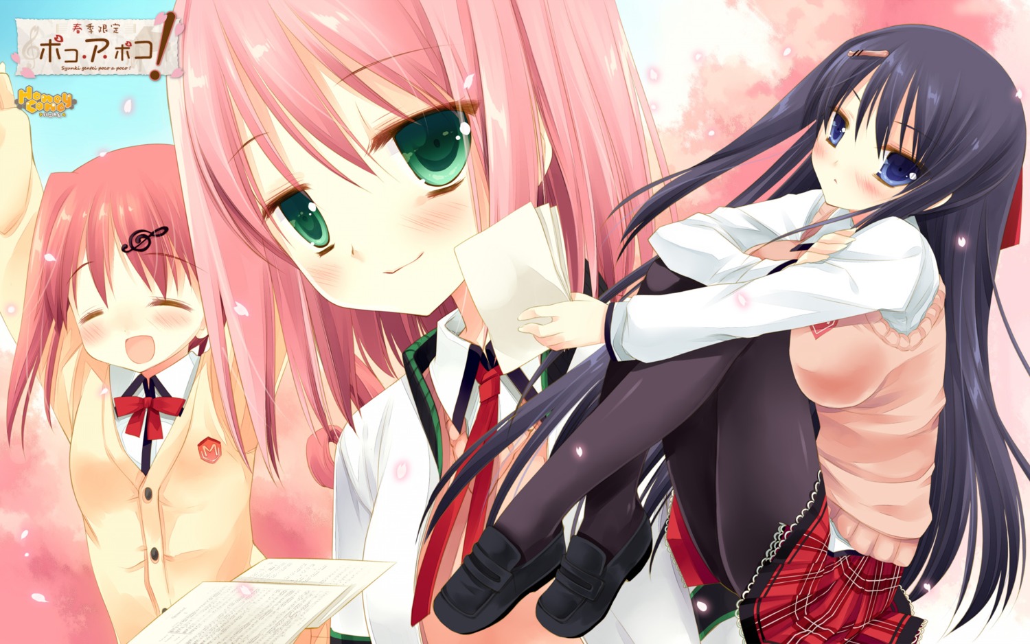 alcot_honeycomb, miyasu_risa, ninomae_sakura, nonomiya_ai, pantyhose, seifuku, shunki_gentei_poco_a_poco, wallpaper, yuki_natsumi