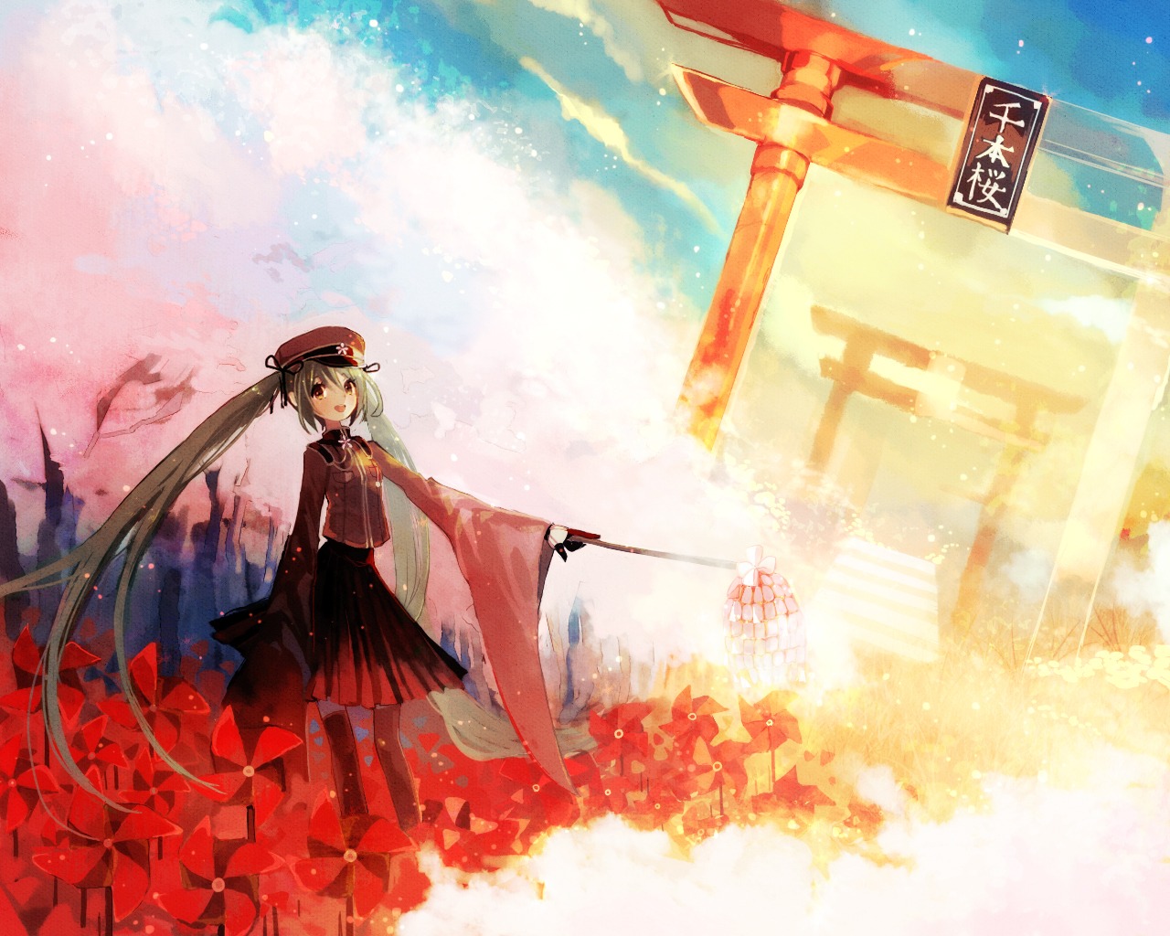 hatsune_miku, kashiwaba_hisano, senbon-zakura_(vocaloid), thighhighs, vocaloid, wallpaper