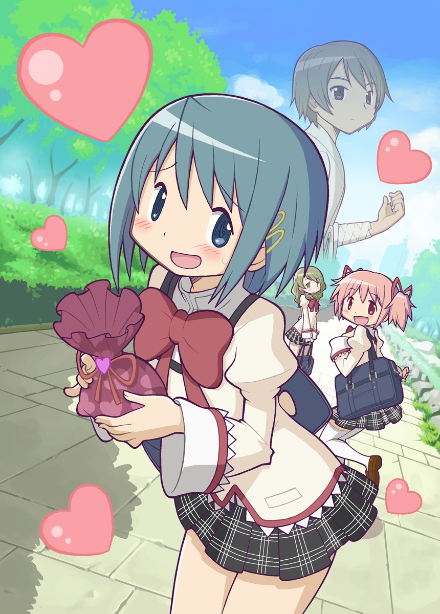 gecchu, kamijo_kyosuke, kaname_madoka, mahou_shoujo_madoka_magica, miki_sayaka, seifuku, shizuki_hitomi, thighhighs