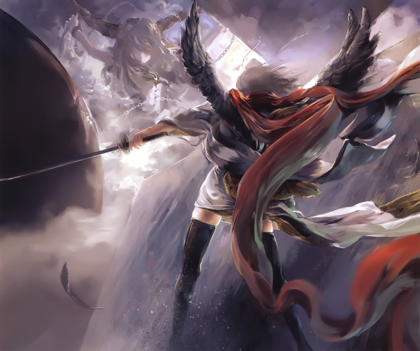 archlich, horns, ibuki_suika, shameimaru_aya, sword, thighhighs, touhou, wings