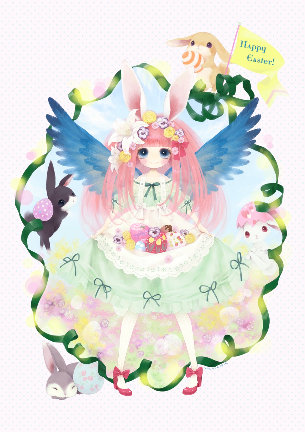 animal_ears, bunny_ears, dress, kabasawa_kina, wings