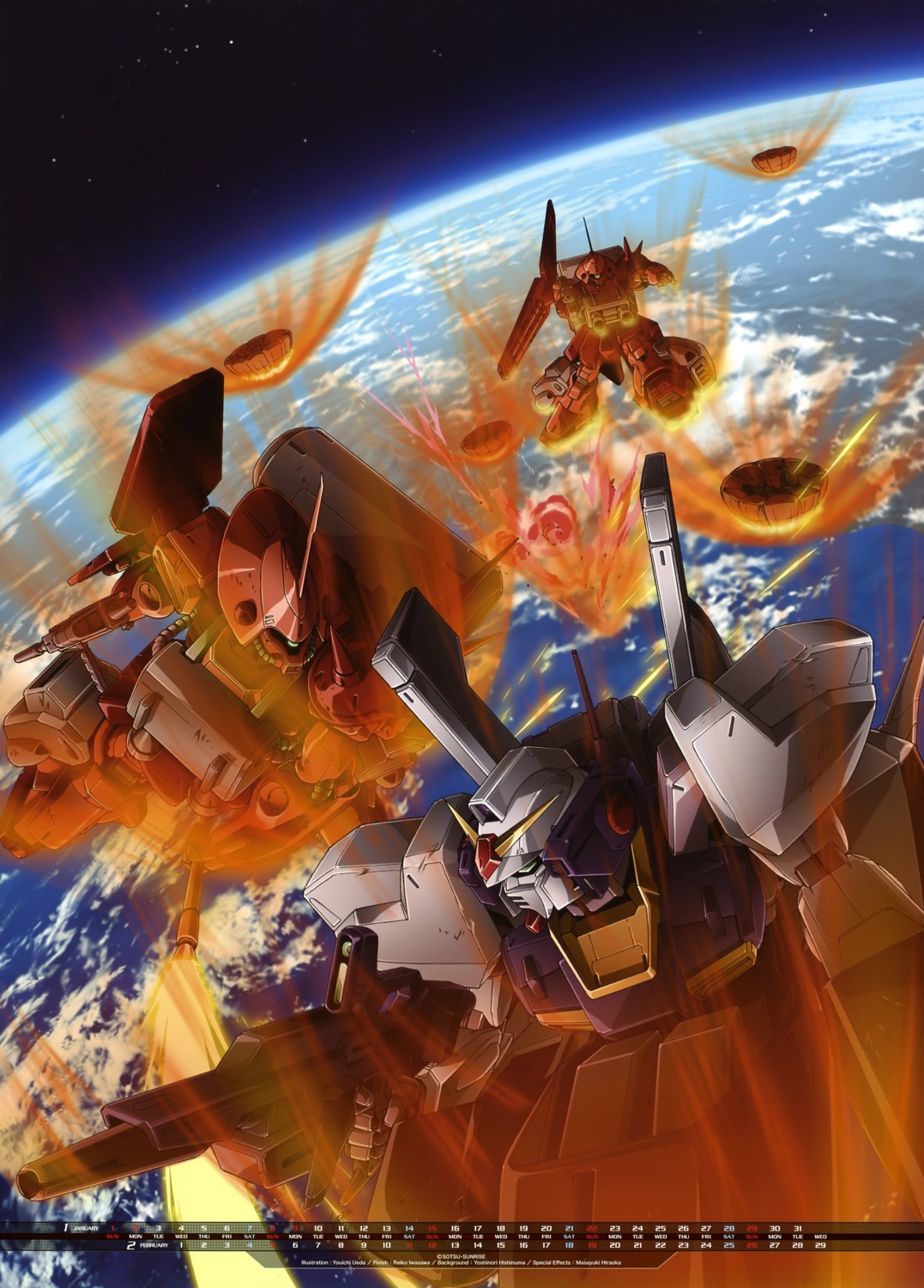 calendar, gundam, gundam_mark_ii, marasai, mecha, ueda_youichi, zeta_gundam