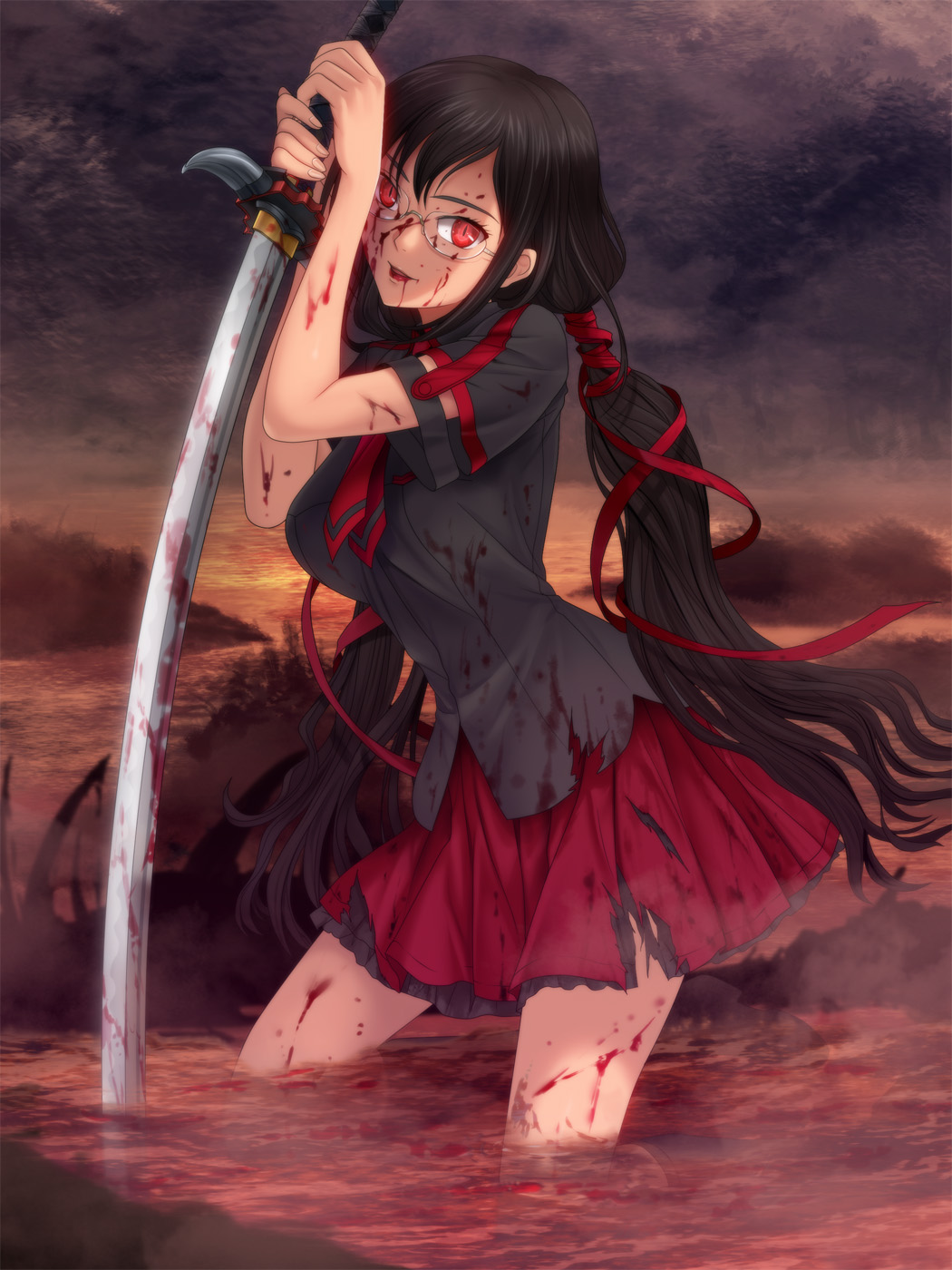 blood, blood-c, blood_the_last_vampire, kisaragi_saya, megane, moonknives, seifuku, sword