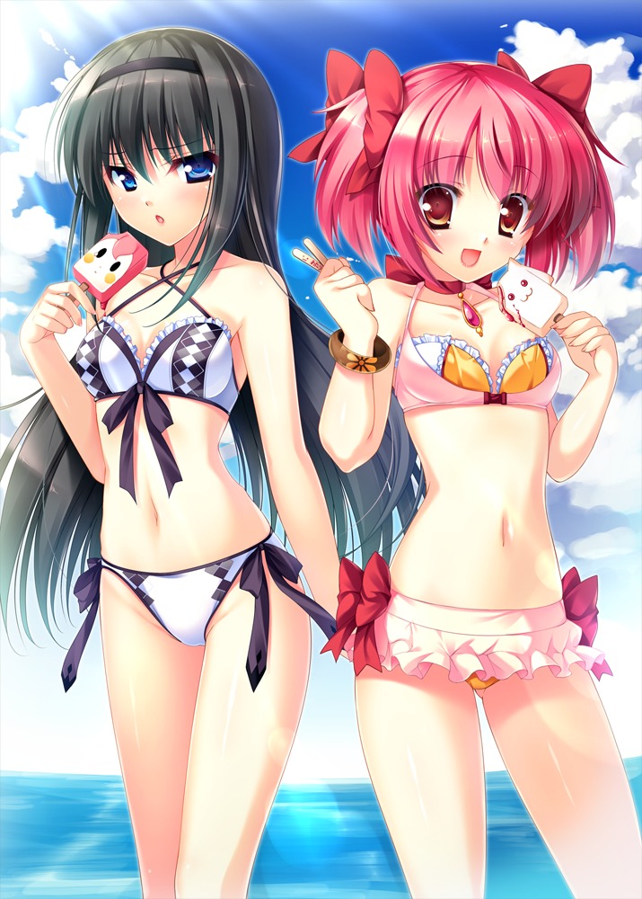 akemi_homura, bikini, charlotte_(madomagi), futaori_arisa, kaname_madoka, kyubey, mahou_shoujo_madoka_magica, swimsuits
