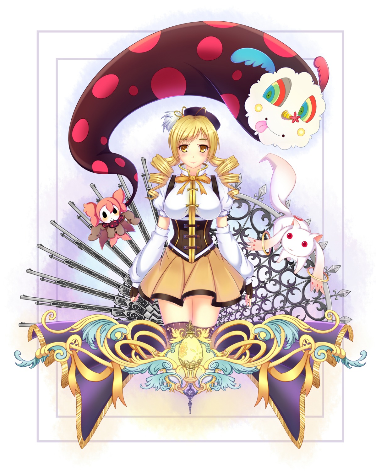 charlotte_(madomagi), gun, mahou_shoujo_madoka_magica, thighhighs, tomoe_mami, tomoekou