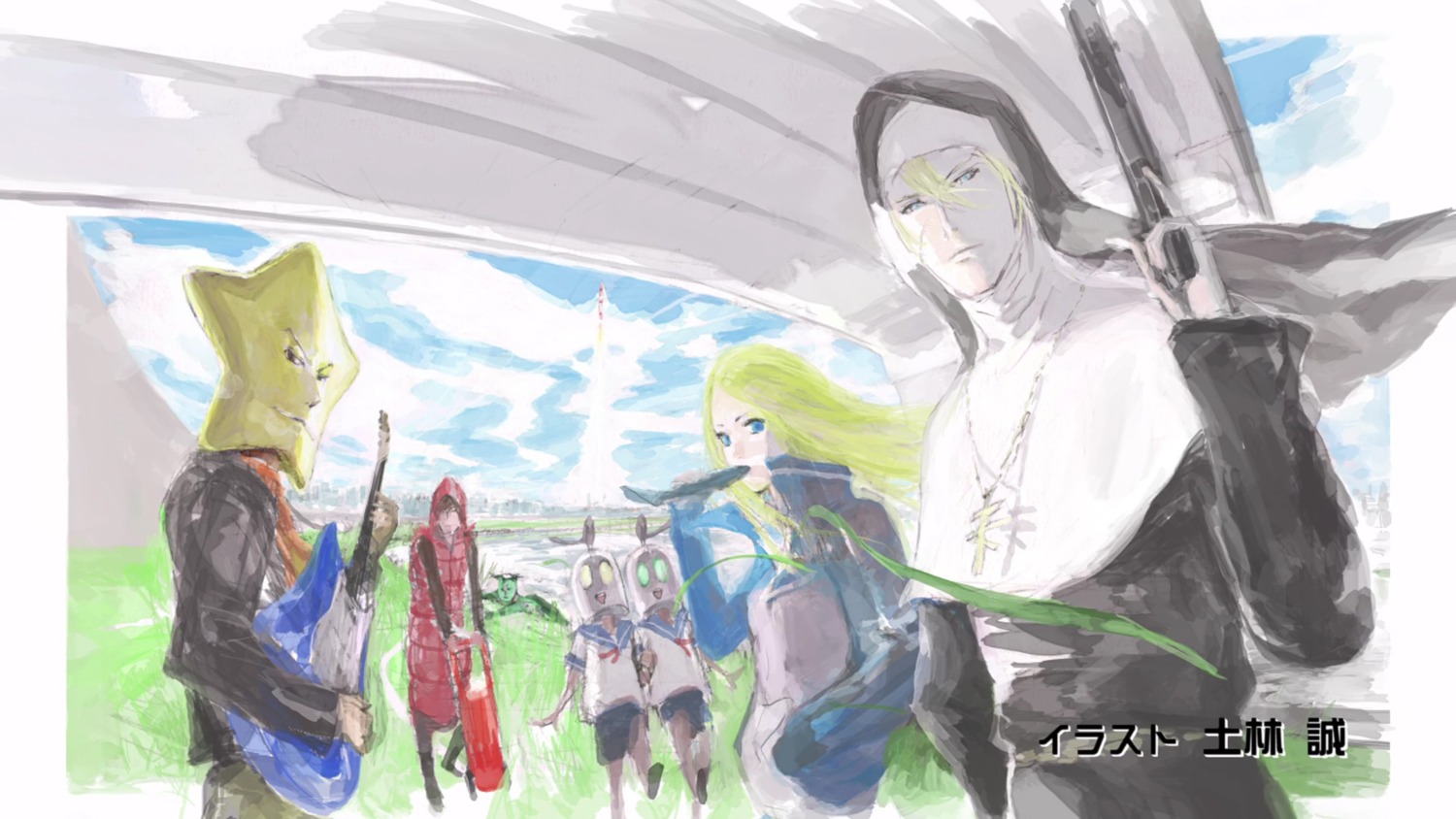 arakawa_under_the_bridge, cap, crossdress, endcard, guitar, gym_uniform, hoshi_(arakawa), nino_(arakawa), seifuku, shiro_(arakawa), sister_(arakawa), tetsujin_kyoudai_tetsuo, tetsujin_kyoudai_tetsurou, tsuchibayashi_makoto, wallpaper