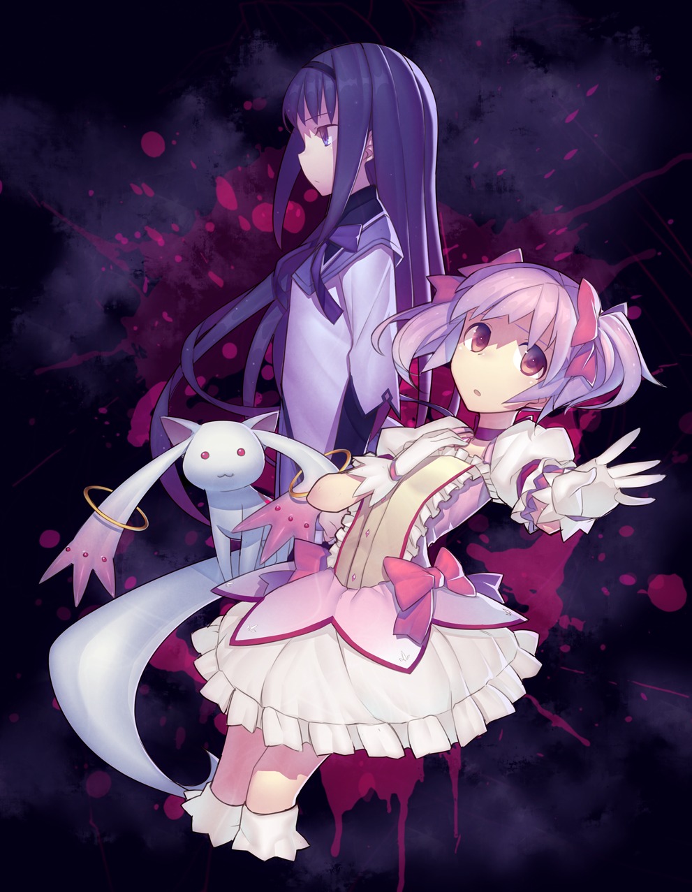 akemi_homura, dress, kaname_madoka, kyubey, mahou_shoujo_madoka_magica, mckeee