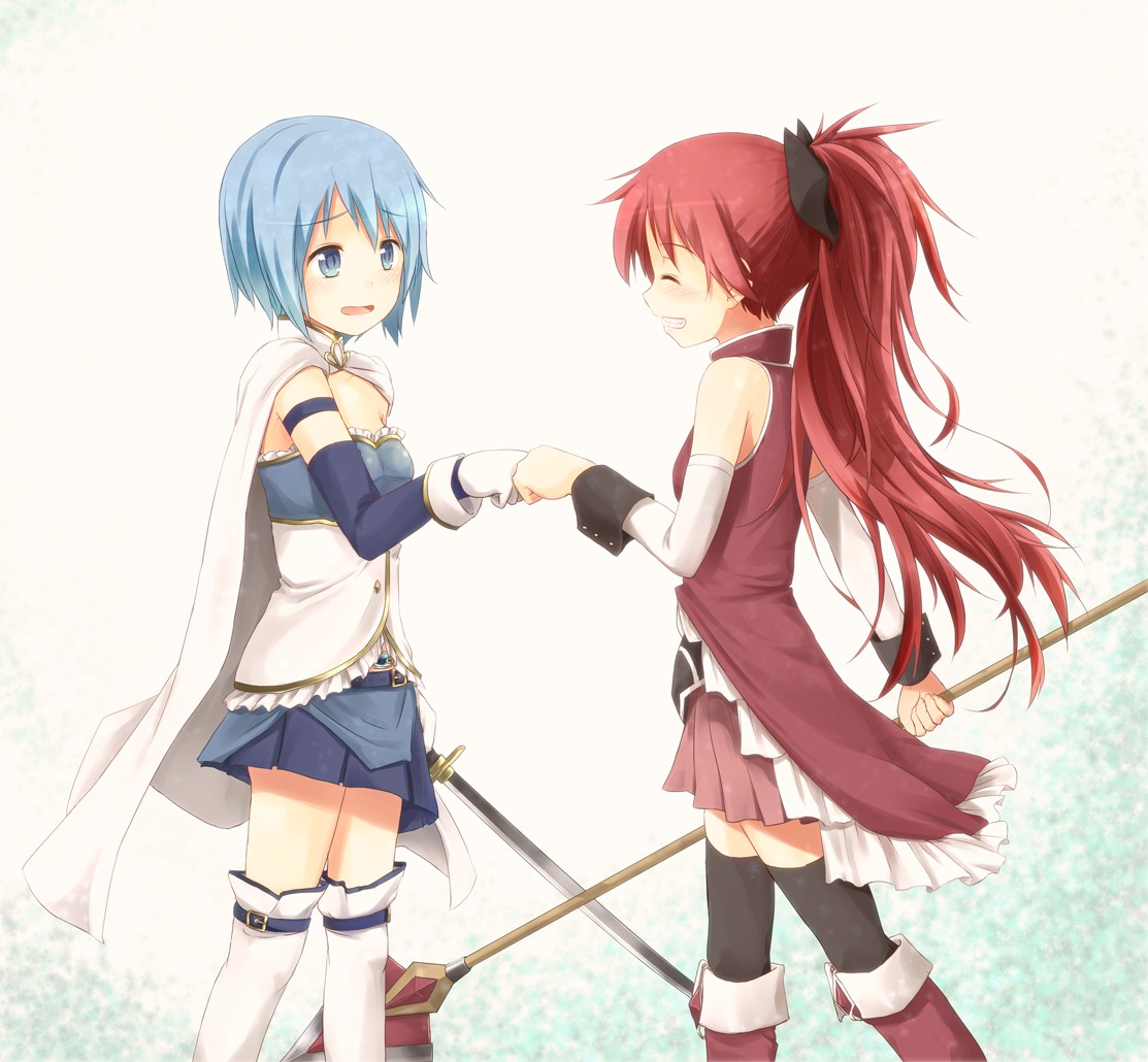 mahou_shoujo_madoka_magica, miki_sayaka, sakura_kyouko, sword, tatsuno_ryou, thighhighs