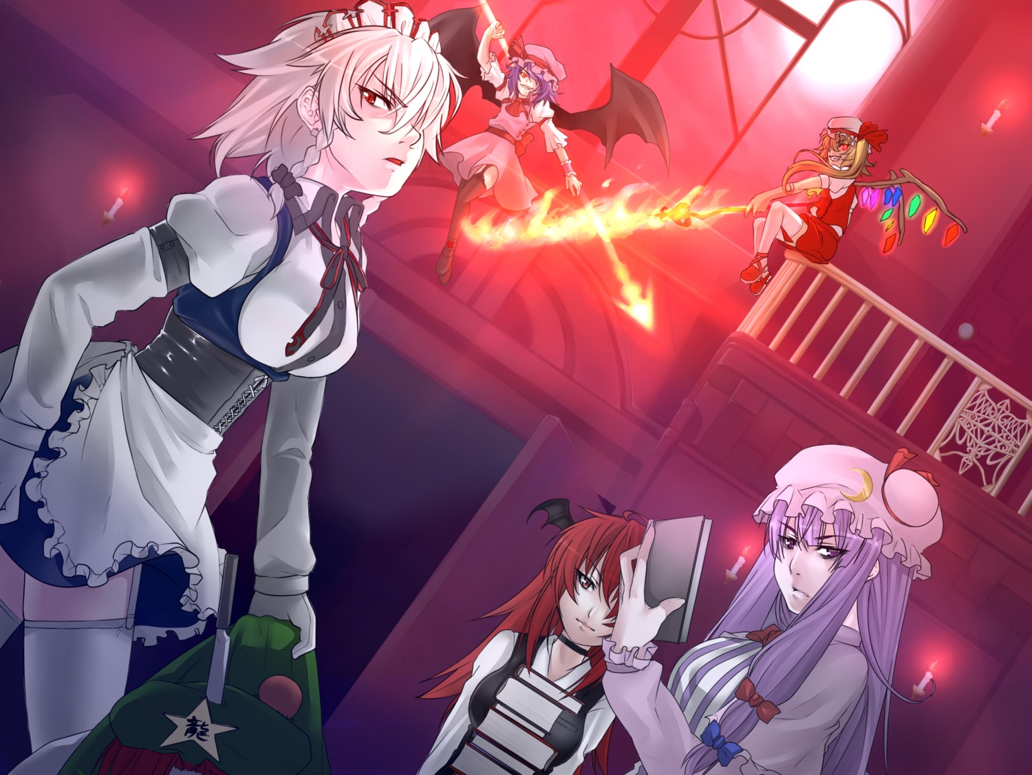 flandre_scarlet, hong_meiling, izayoi_sakuya, kazami_tomo, koakuma, patchouli_knowledge, remilia_scarlet, touhou