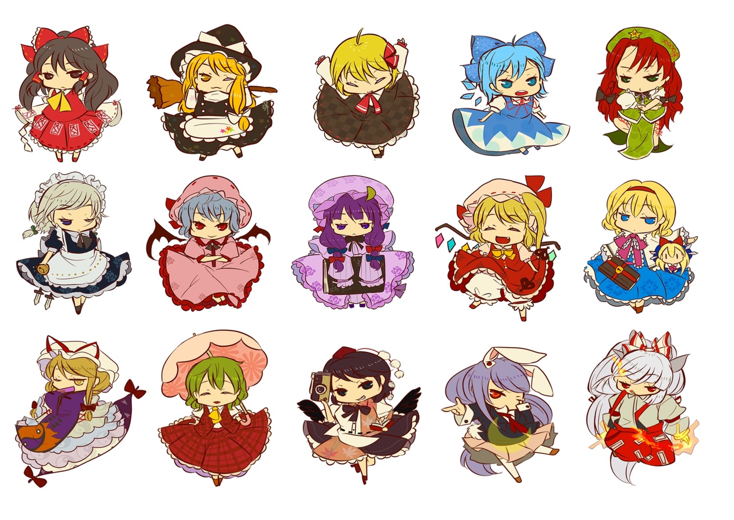 alice_margatroid, cirno, flandre_scarlet, fujiwara_no_mokou, hakurei_reimu, hong_meiling, izayoi_sakuya, kazami_yuuka