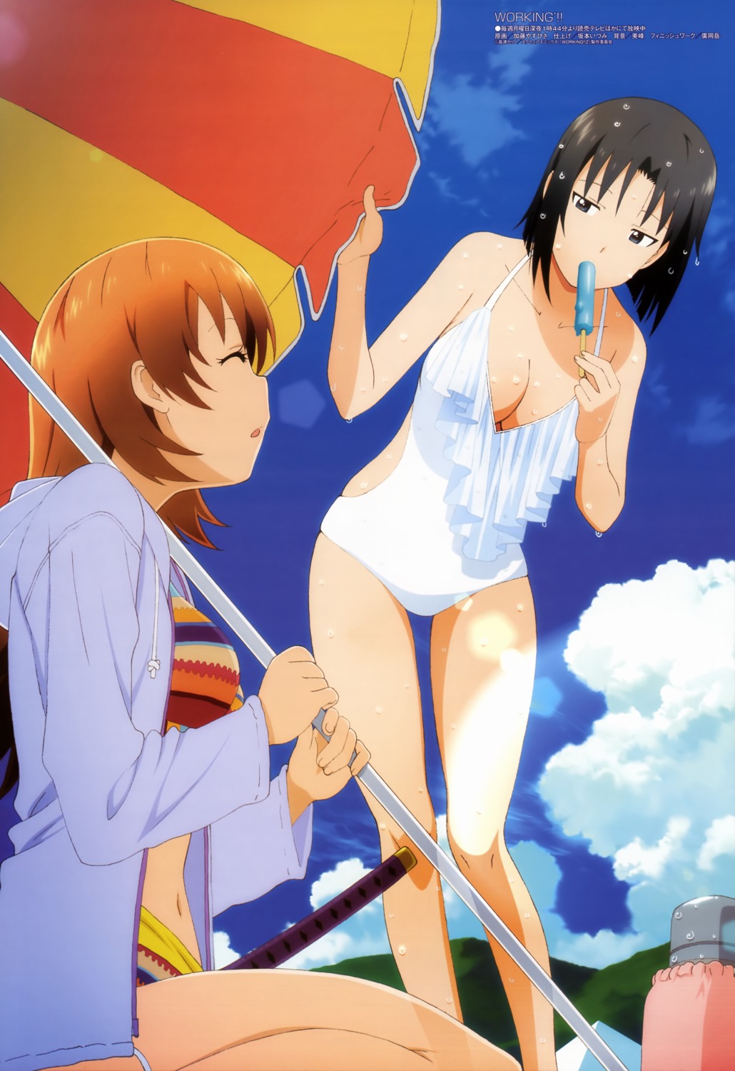 bikini, cleavage, katou_yasuhisa, shirafuji_kyouko, swimsuits, sword, todoroki_yachiyo, wet, working!!