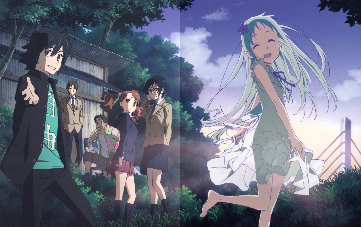 anjou_naruko, ano_hi_mita_hana_no_namae_wo_bokutachi_wa_mada_shiranai, color_gap, crease, dress, hisakawa_tetsudou, honma_meiko, matsuyuki_atsumu
