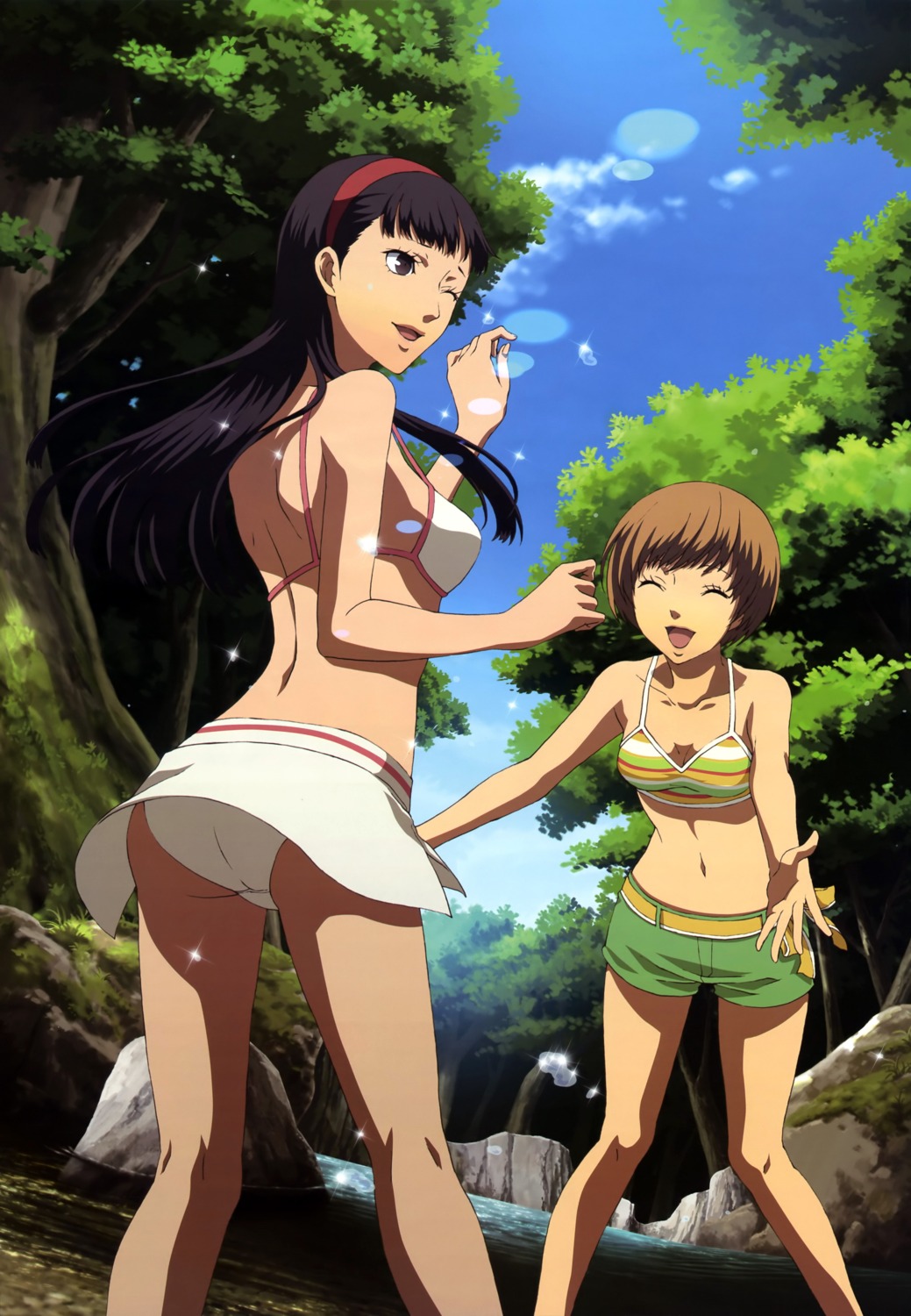 amagi_yukiko, ass, bikini, cleavage, megaten, persona, persona_4, sakai_moe, satonaka_chie, swimsuits