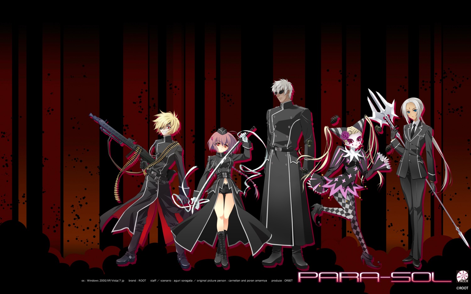 alyosha, carnelian, dress, eyepatch, fujita_nodoka, gun, megane, mischa, pantyhose, para-sol, root, ryooda, sasha_(para-sol), sword, uniform, wallpaper