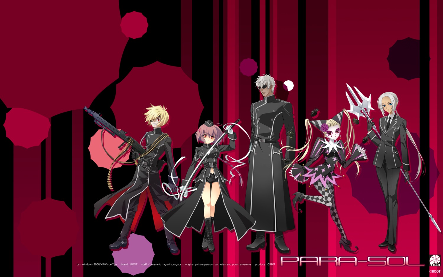 alyosha, carnelian, dress, eyepatch, fujita_nodoka, gun, megane, mischa, pantyhose, para-sol, root, ryooda, sasha_(para-sol), sword, uniform, wallpaper