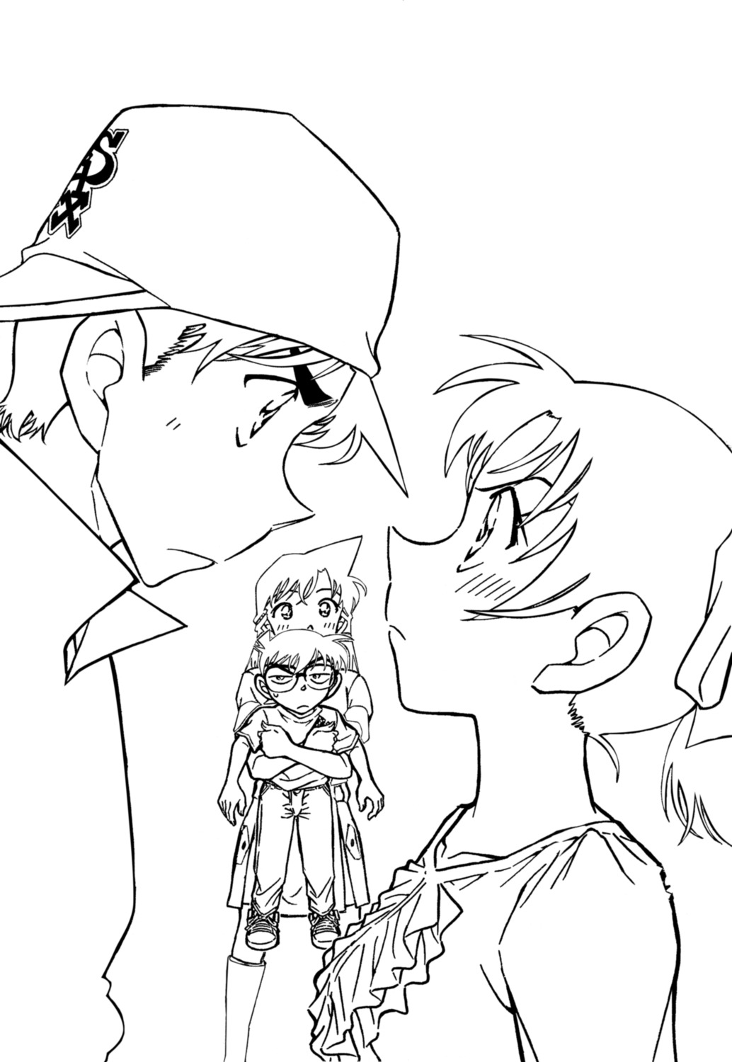 aoyama_goushou, edogawa_conan, hattori_heiji, line_art, megane, meitantei_conan, monochrome, mouri_ran