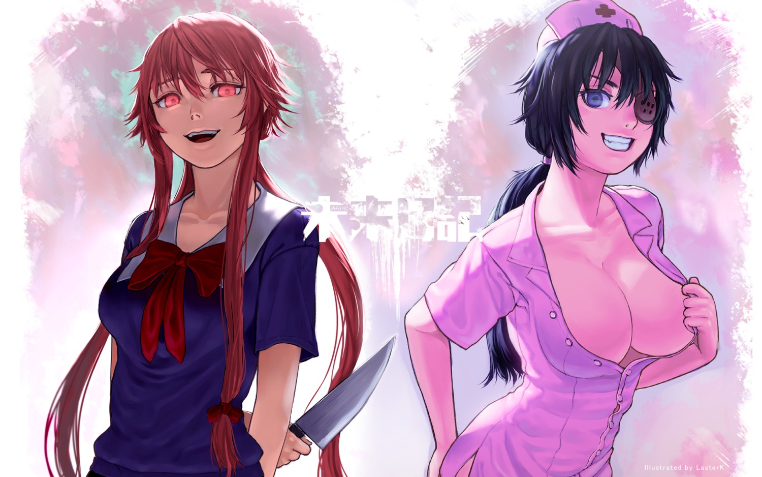 cleavage, eyepatch, gasai_yuno, lasterk, mirai_nikki, no_bra, nurse, open_shirt