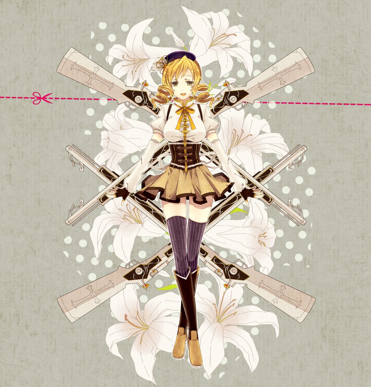 gun, mahou_shoujo_madoka_magica, thighhighs, tomoe_mami, washi