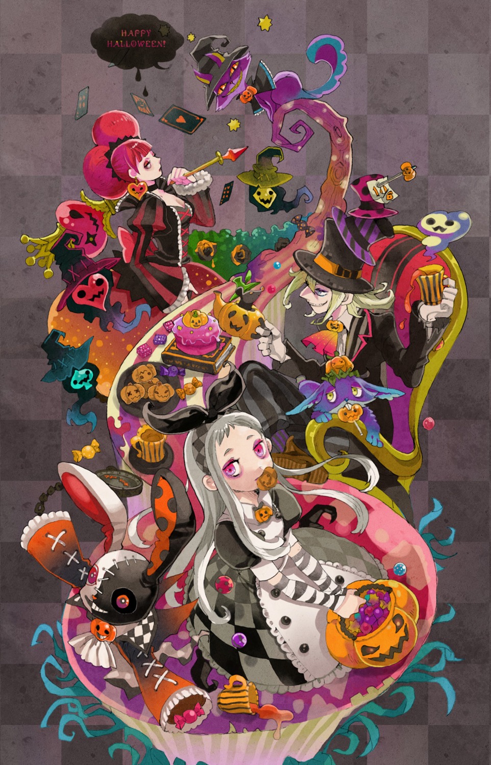alice, alice_in_wonderland, chikuwabu, halloween, mad_hatter, neko, queen_of_hearts