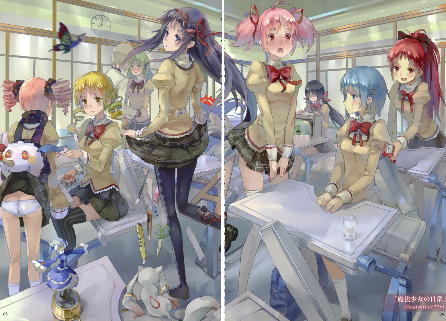 77gl, akemi_homura, charlotte_(madomagi), crease, fixme, kamijo_kyosuke, kaname_madoka, kyubey, mahou_shoujo_madoka_magica, miki_sayaka, moe_shoujo_ryouiki, pantsu, pantyhose, parody, sakura_kyouko, seifuku, shizuki_hitomi, skirt_lift, thighhighs, tomoe_mami
