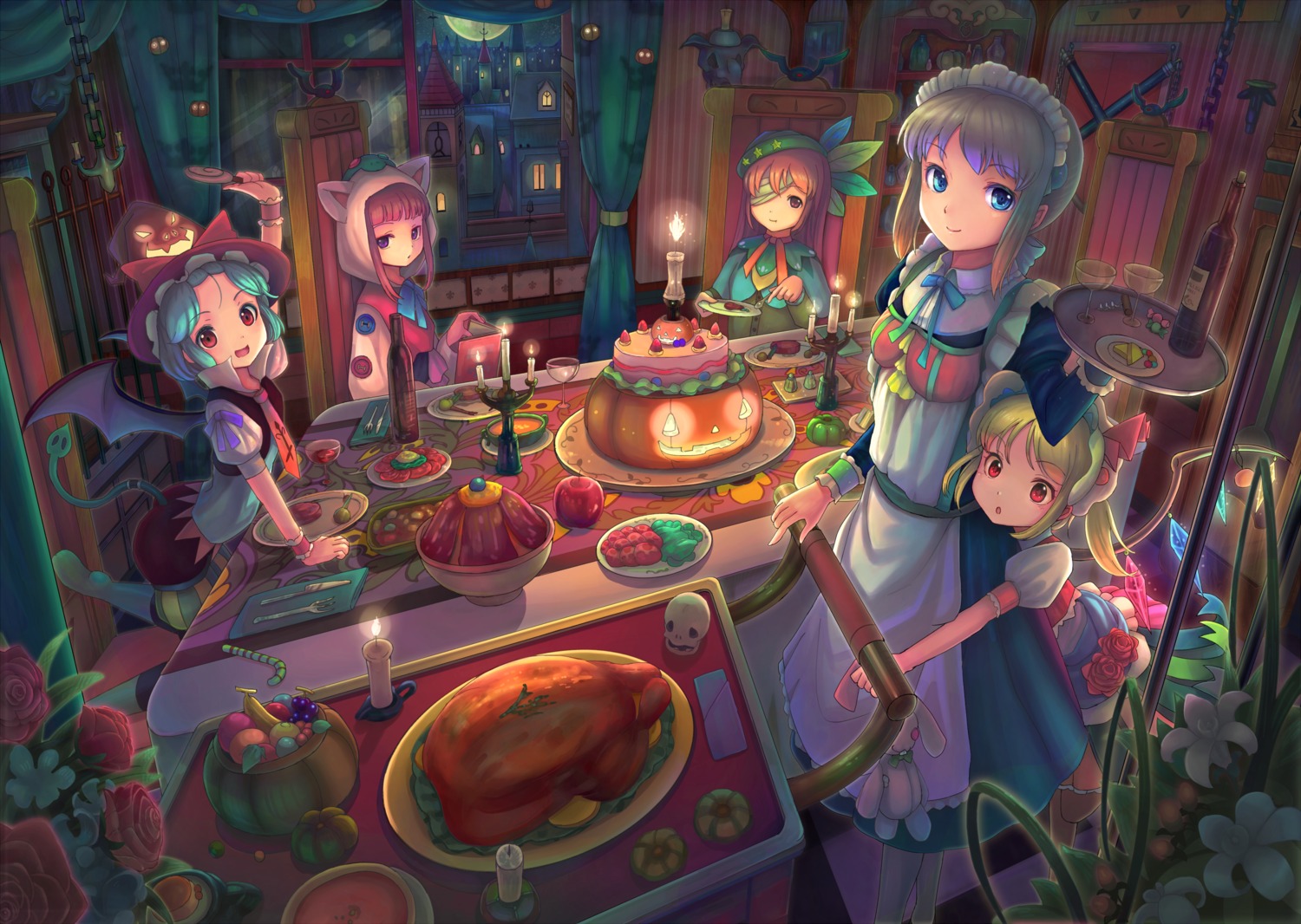 flandre_scarlet, halloween, hong_meiling, izayoi_sakuya, patchouli_knowledge, remilia_scarlet, sanntouhei, touhou