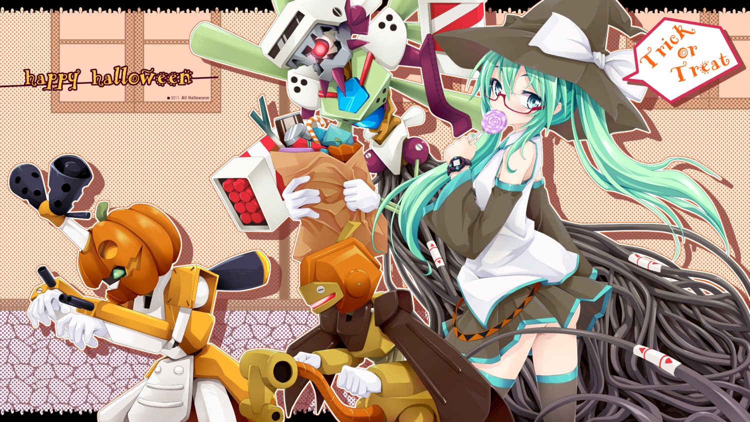 ass, beast_master, crossover, halloween, hatsune_miku, ka-o'-lantern, mecha, medarot, megane, metabee, ogami_kazuki, thighhighs, vocaloid, wallpaper, witch