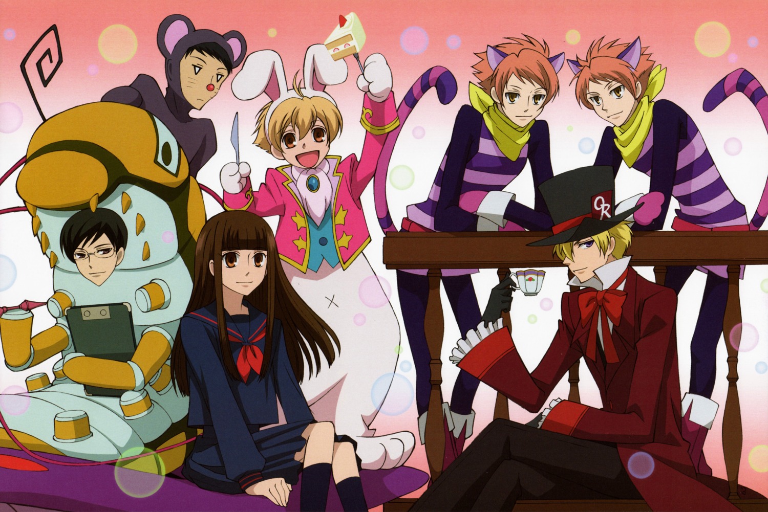 fujioka_haruhi, haninozuka_mitsukuni, hitachiin_hikaru, hitachiin_kaoru, morinozuka_takashi, ootori_kyouya, ouran_high_school_host_club, suou_tamaki