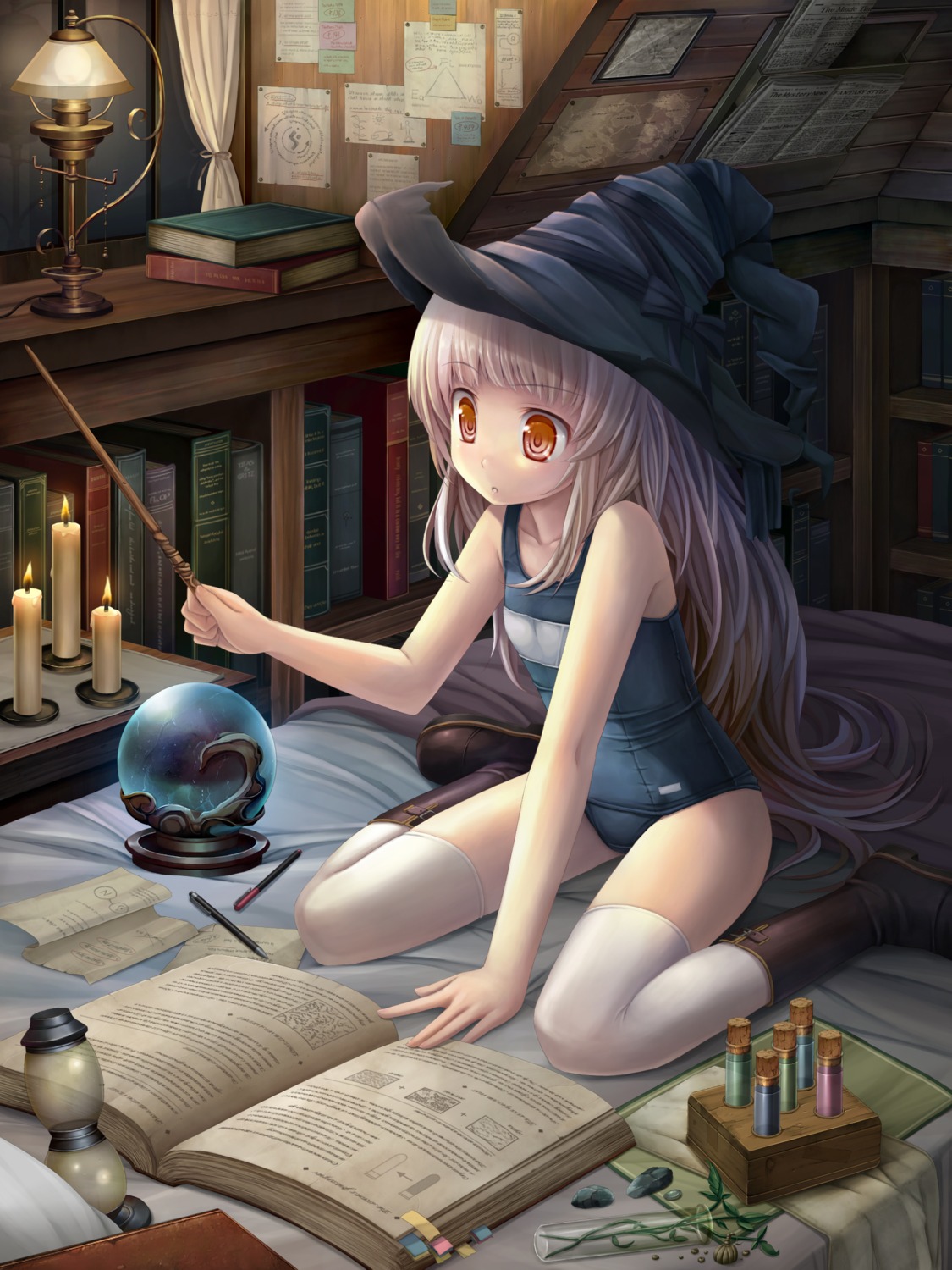 namaru_(summer_dandy), school_swimsuit, swimsuits, thighhighs, witch