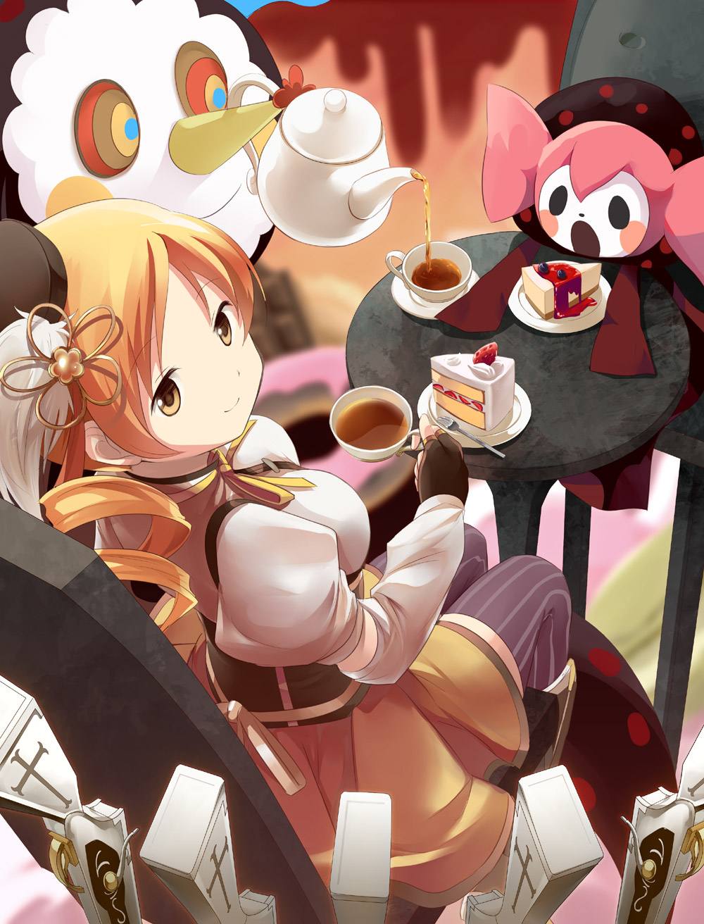 charlotte_(madomagi), gun, mahou_shoujo_madoka_magica, sanshou, thighhighs, tomoe_mami