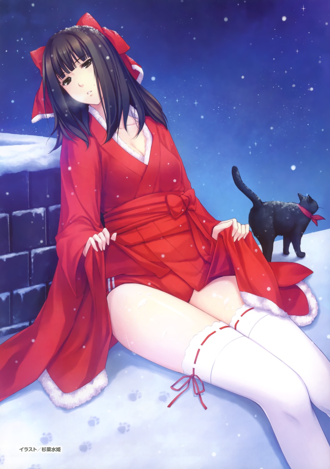 buruma, caucasus, christmas, cleavage, garter, kimono, nanatsuki_venio, neko
