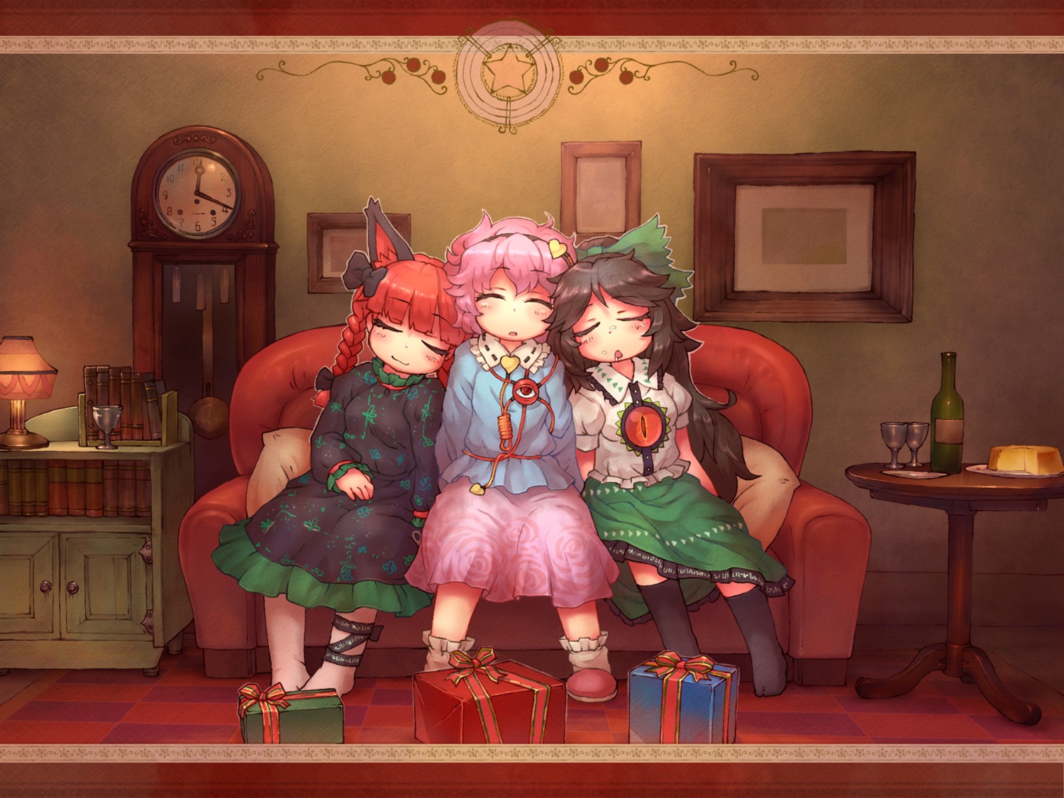 christmas, kaenbyou_rin, komeiji_satori, reiuji_utsuho, sankuma, touhou, wallpaper