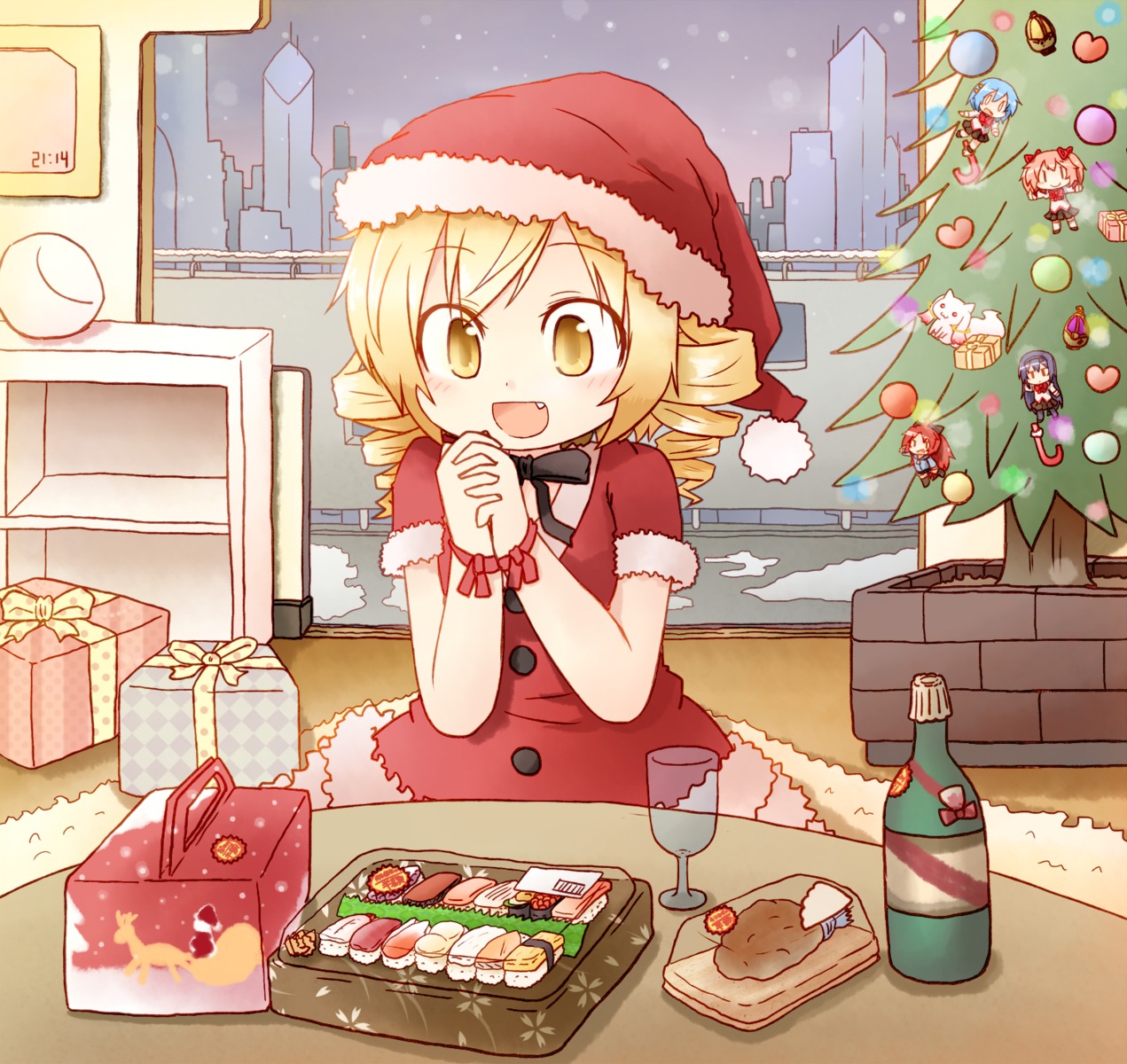 2580rs, akemi_homura, chibi, christmas, kaname_madoka, kyubey, mahou_shoujo_madoka_magica, miki_sayaka, sakura_kyouko, seifuku, tomoe_mami