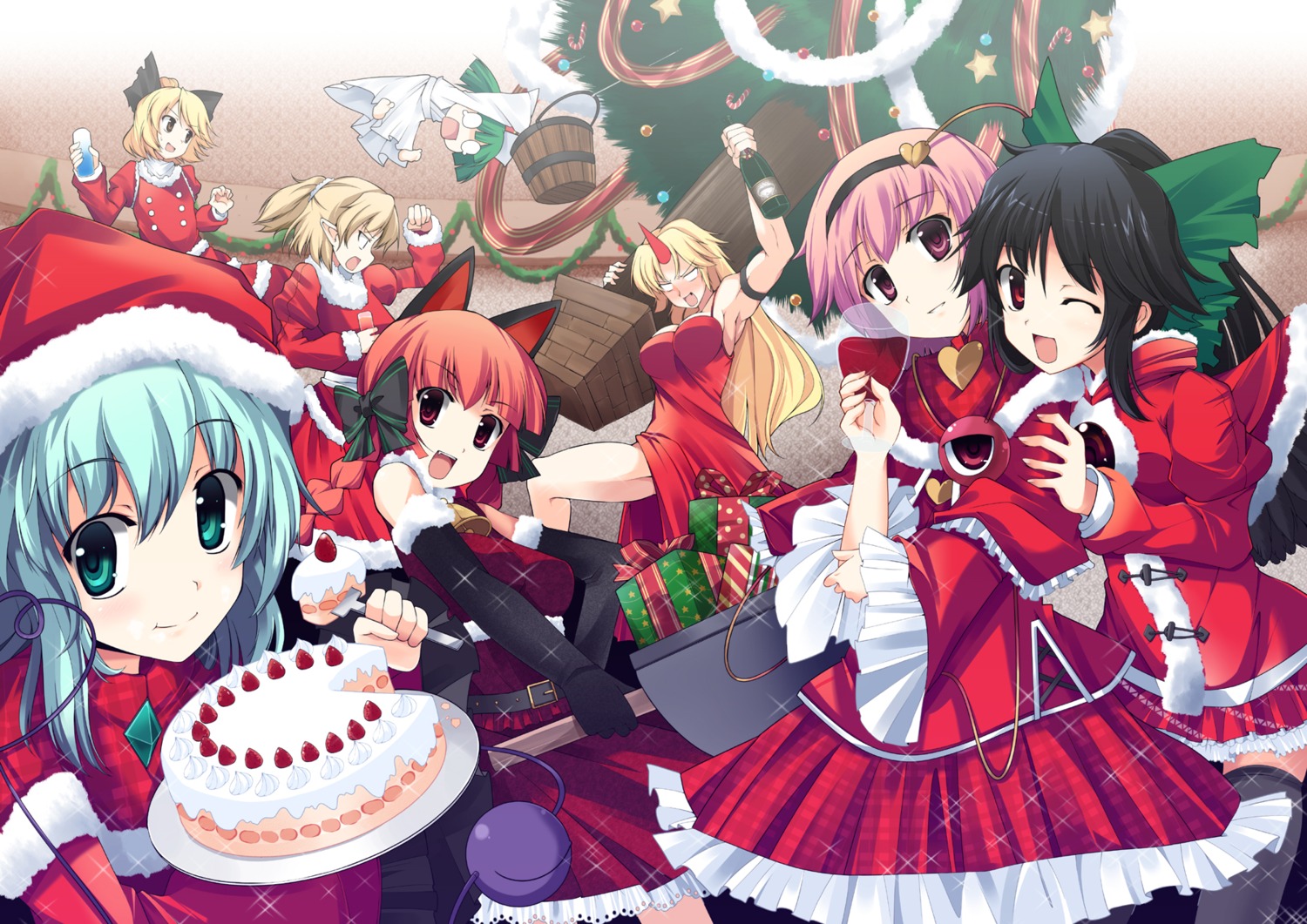 christmas, fujy, hoshiguma_yuugi, kaenbyou_rin, kisume, komeiji_koishi, komeiji_satori, kurodani_yamame, mizuhashi_parsee, reiuji_utsuho, touhou
