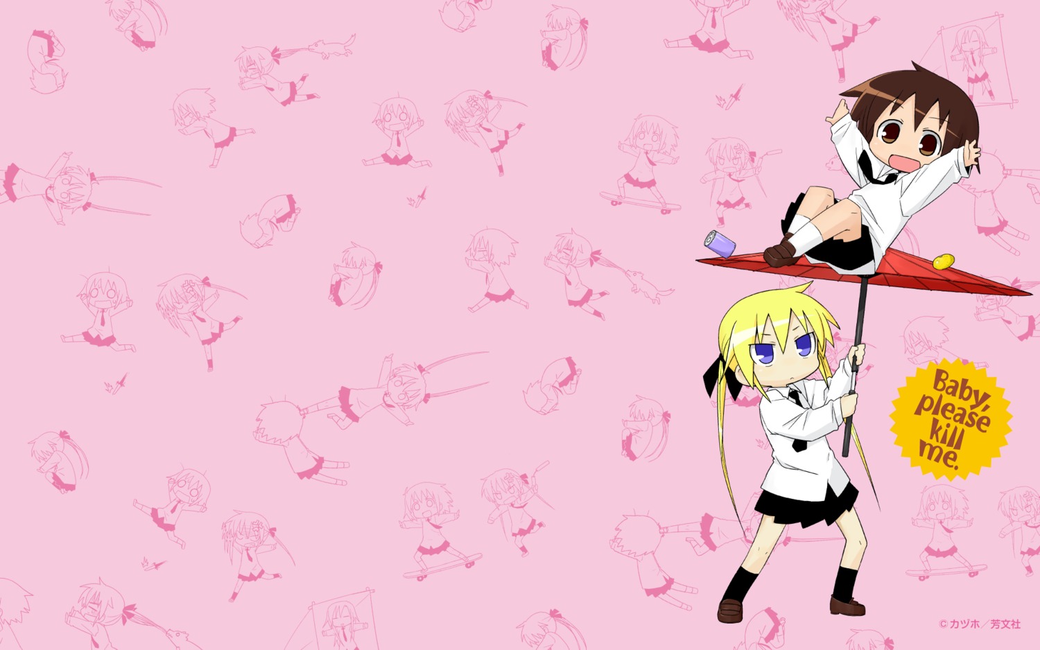 chibi, kazuho, kill_me_baby, monochrome, oribe_yasuna, seifuku, sonya_(kill_me_baby), wallpaper