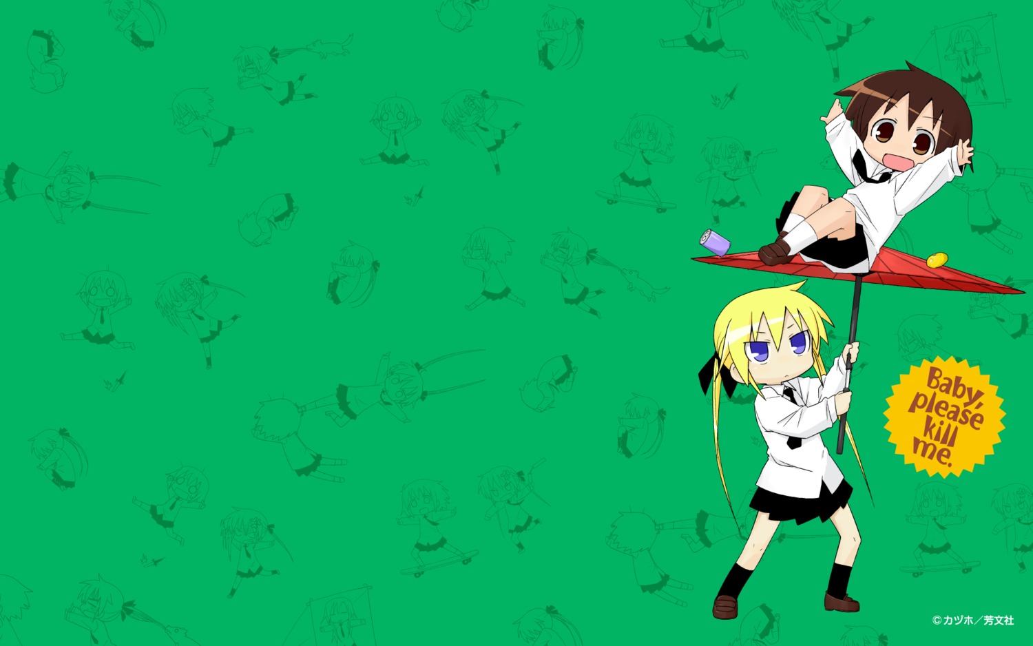 chibi, kazuho, kill_me_baby, monochrome, oribe_yasuna, seifuku, sonya_(kill_me_baby), wallpaper