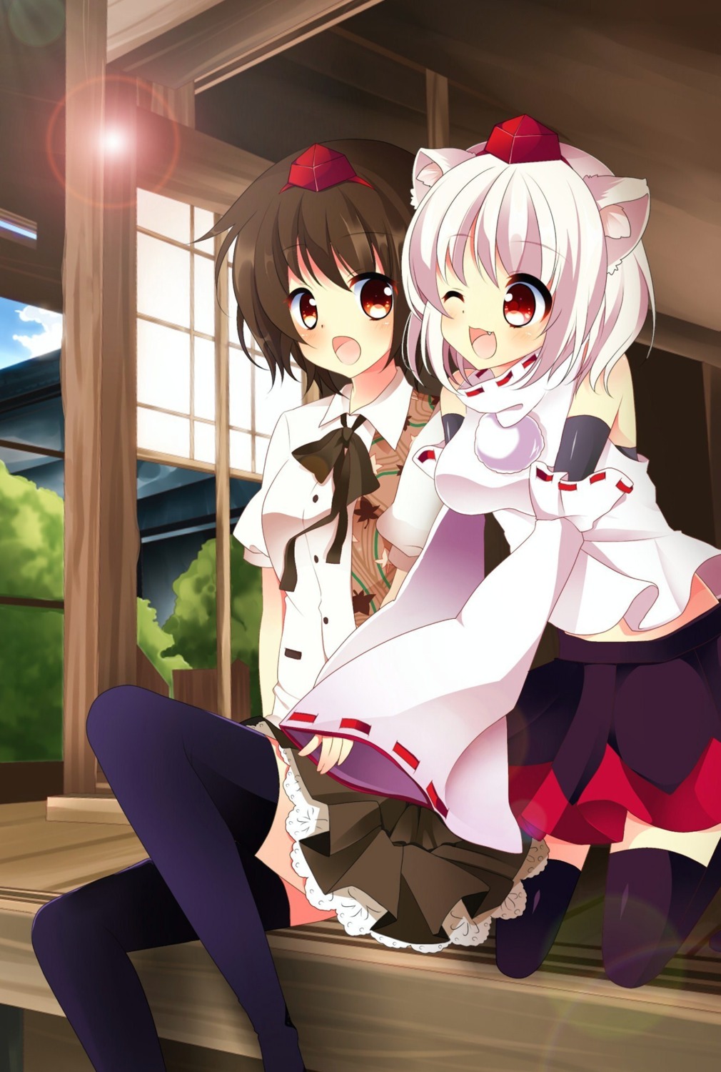 animal_ears, inubashiri_momiji, shameimaru_aya, thighhighs, touhou, yurichi