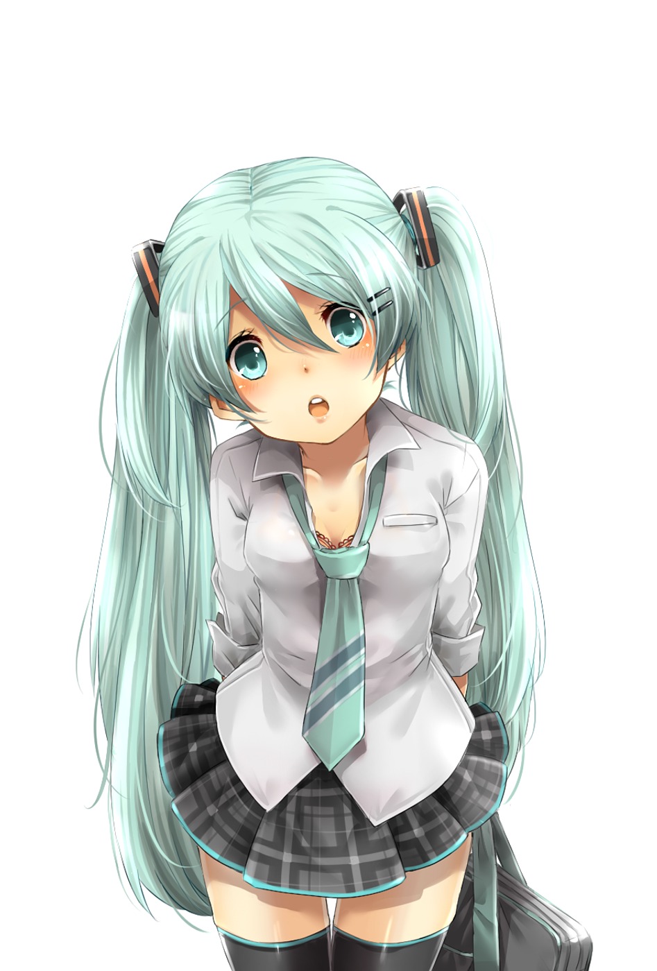 bra, hatsune_miku, rojiko, seifuku, thighhighs, vocaloid