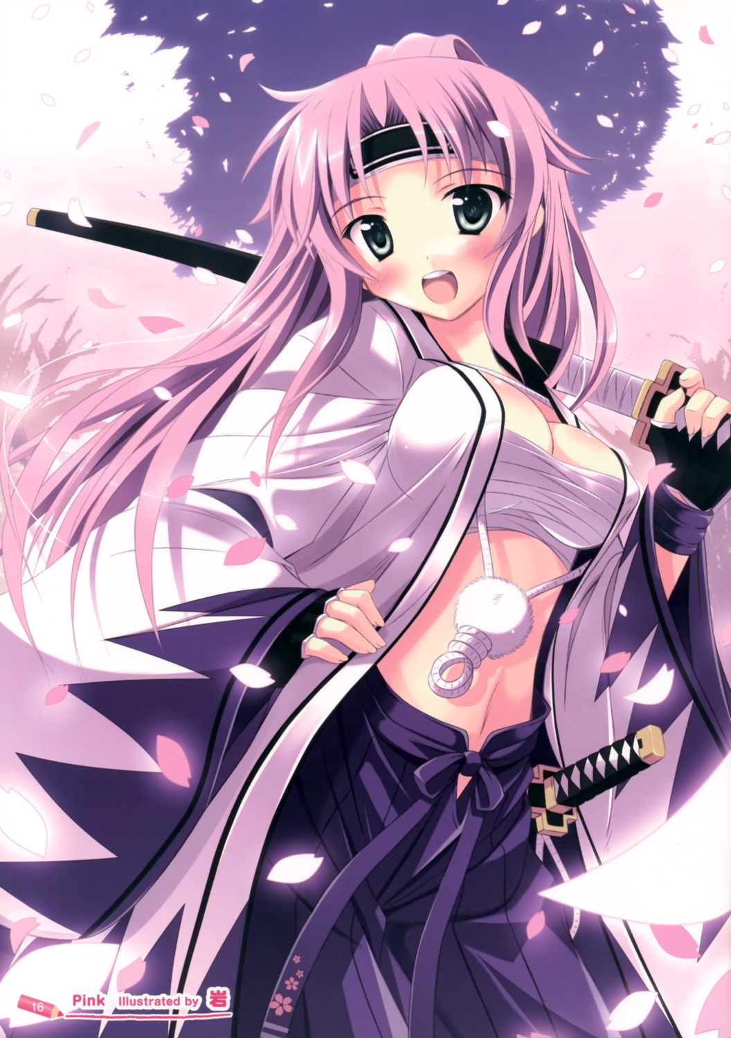cleavage, iwa, open_shirt, sarashi, sword