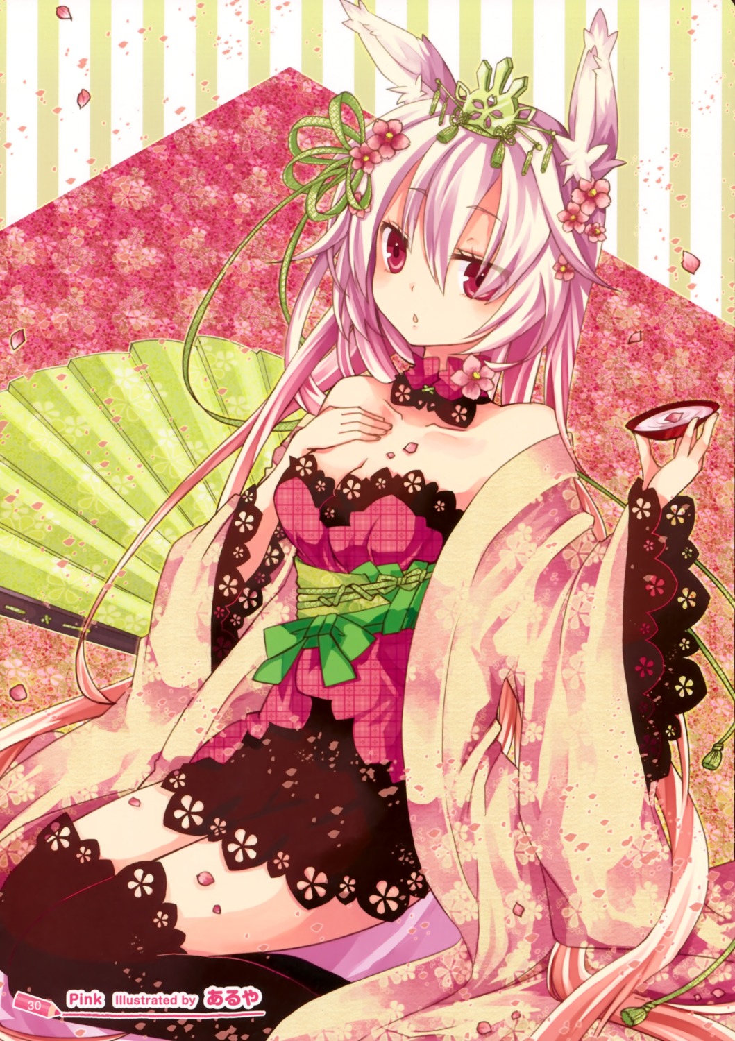 animal_ears, aruya, cleavage, lolita_fashion, sake, thighhighs, wa_lolita