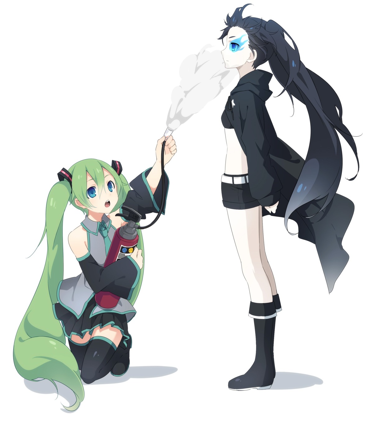 black_rock_shooter, black_rock_shooter_(character), hatsune_miku, sama, thighhighs, vocaloid