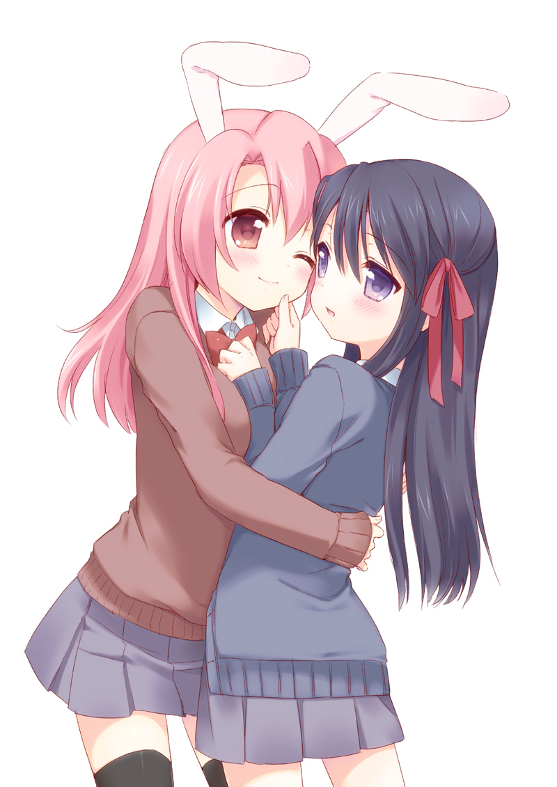 animal_ears, bunny_ears, sakura_(mani), seifuku, thighhighs, usashiro_mani, yuri