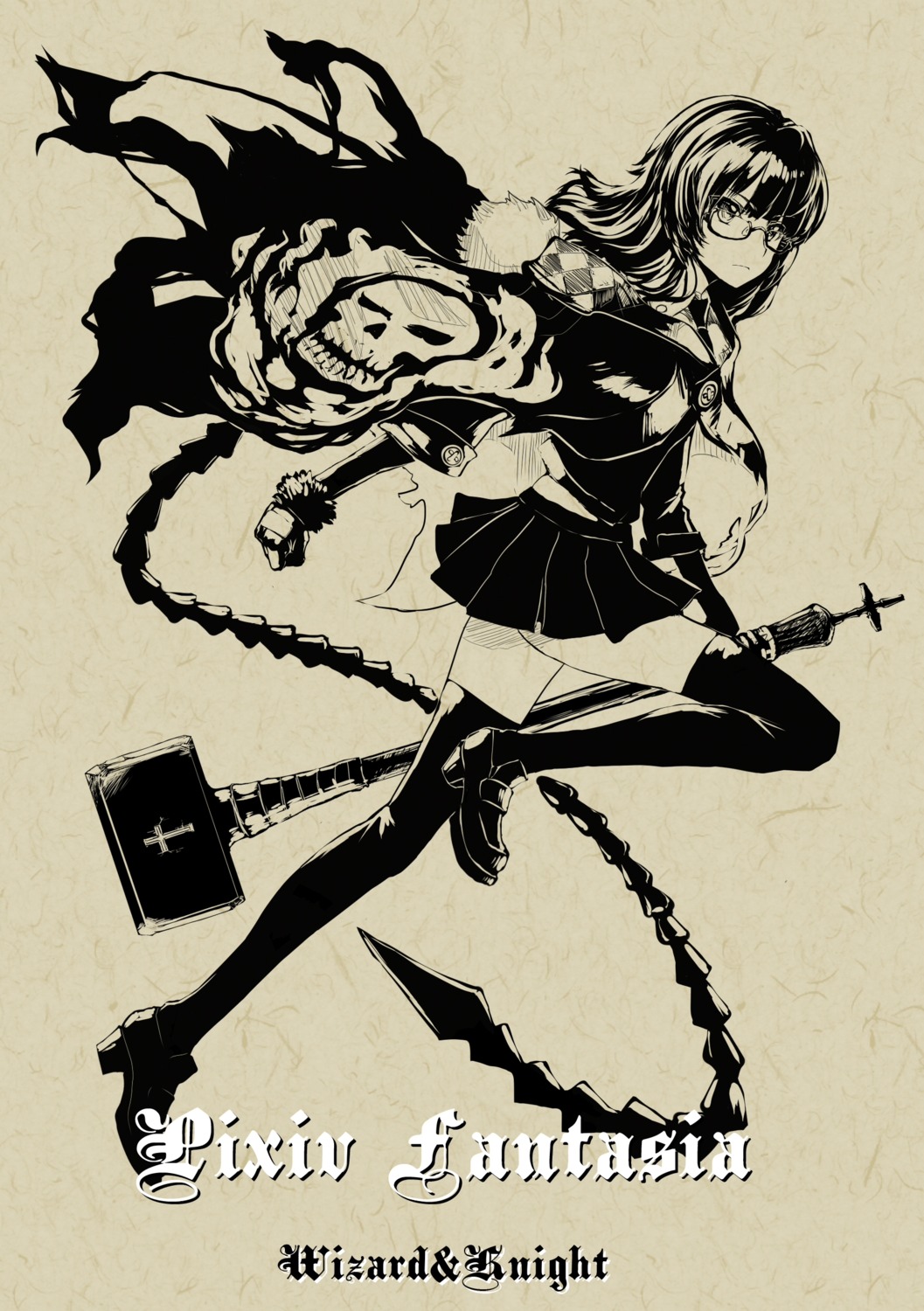 megane, monochrome, pixiv_fantasia, pixiv_fantasia_wizard_and_knight, realmbw, thighhighs
