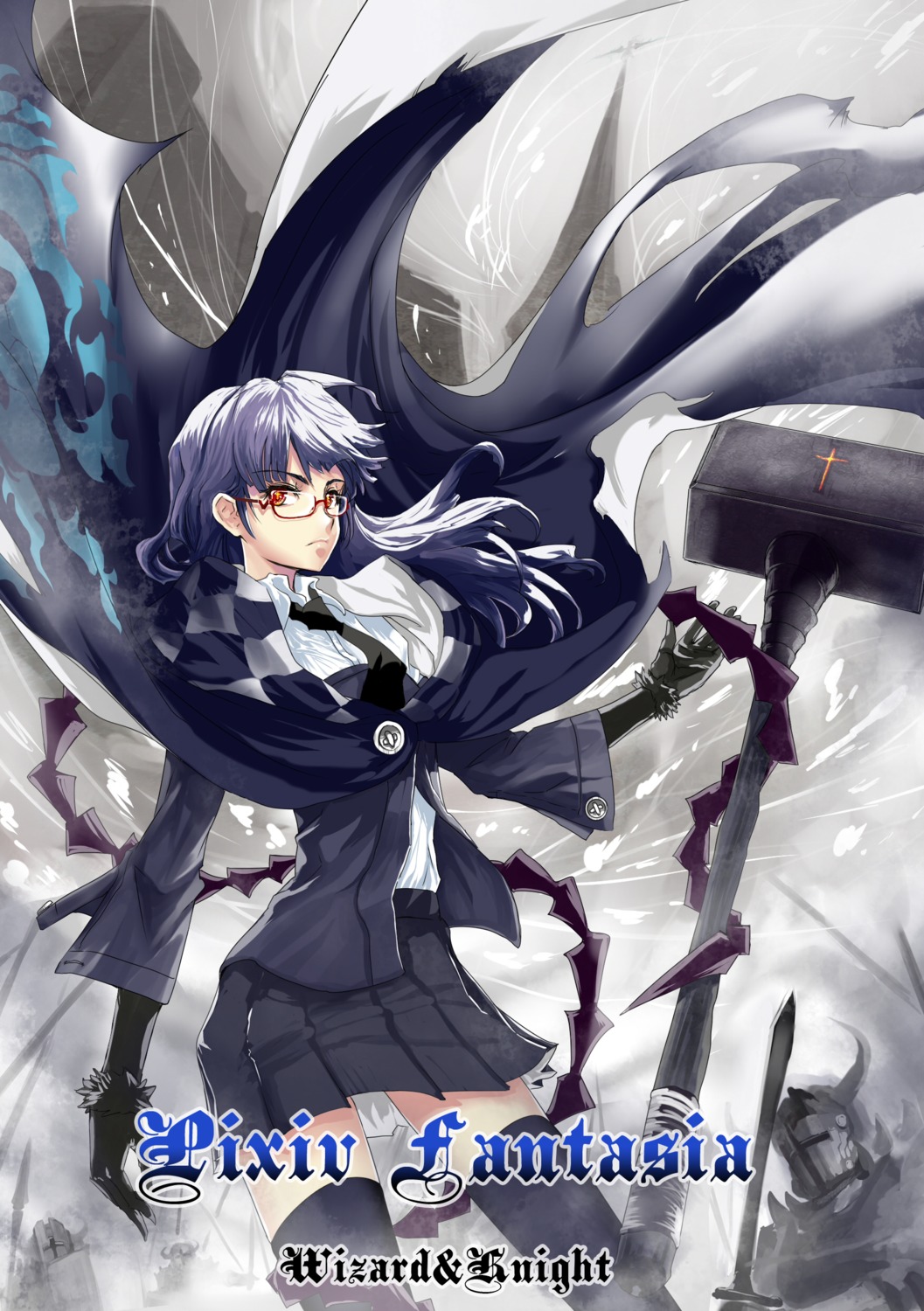 megane, pixiv_fantasia, pixiv_fantasia_wizard_and_knight, realmbw, sword, thighhighs