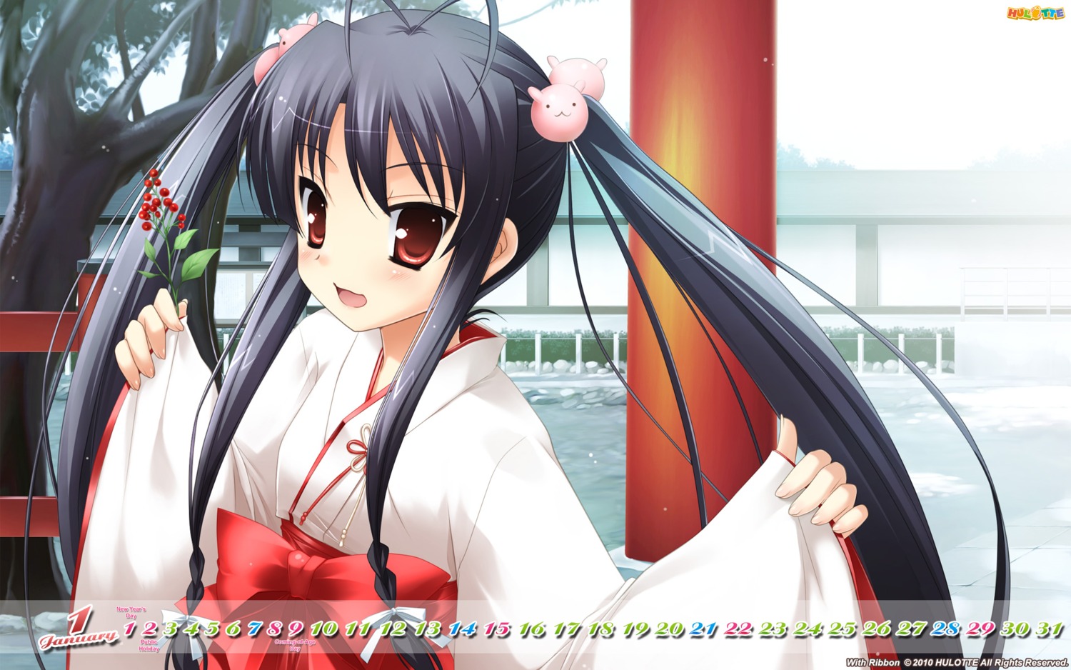 calendar, hinata_haruka, hulotte, ikegami_akane, miko, wallpaper, with_ribbon