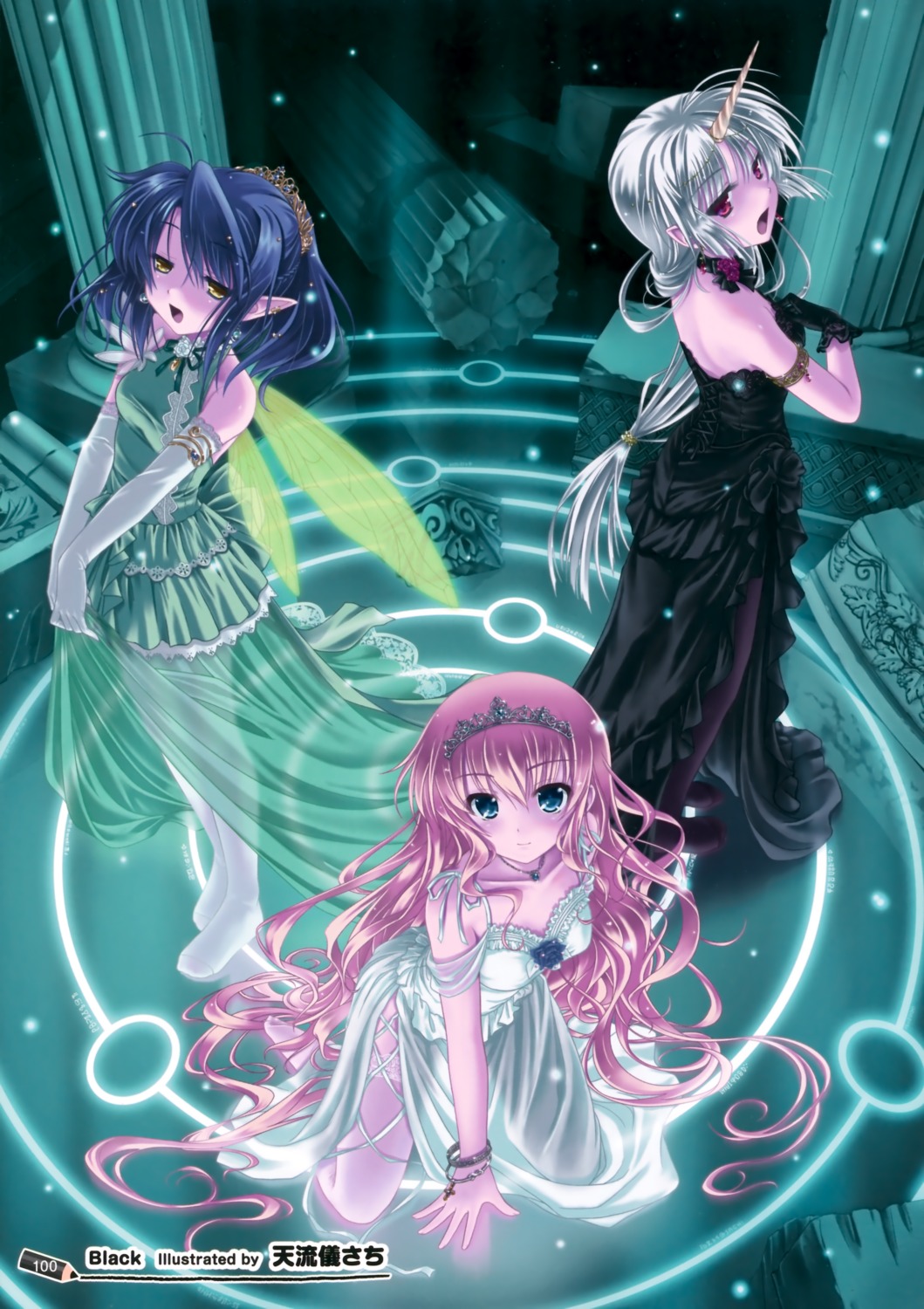 amarugi_sachi, dress, elf, horns, pointy_ears, wings