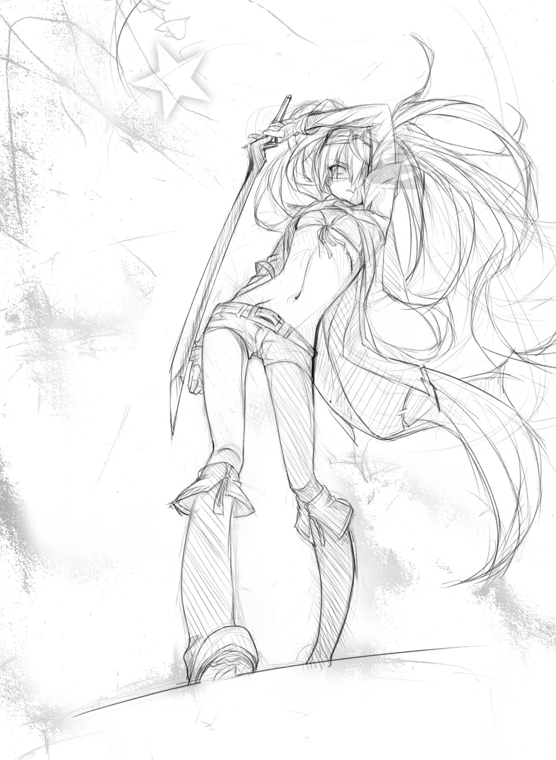 black_rock_shooter, black_rock_shooter_(character), monochrome, sketch, sword, takka, vocaloid