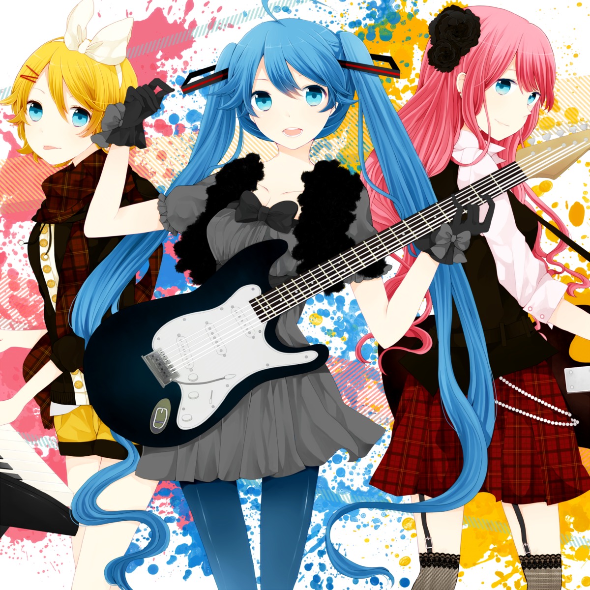 guitar, hatsune_miku, kagamine_rin, komine, megurine_luka, pantyhose, stockings, thighhighs