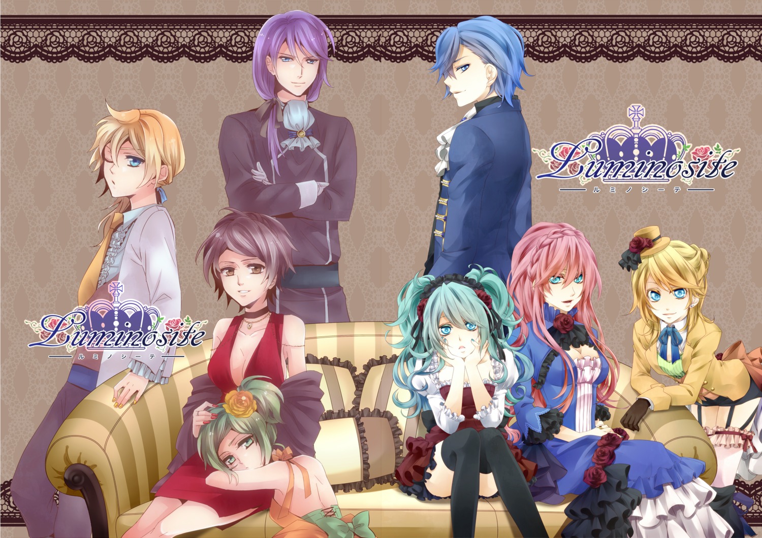 cleavage, dress, gumi, hatsune_miku, kagamine_len, kagamine_rin, kaito, kamui_gakupo