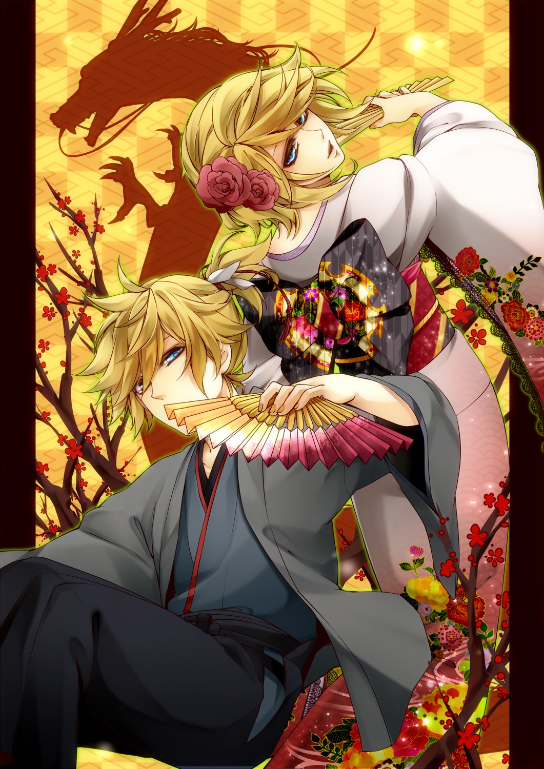 kagamine_len, kagamine_rin, kimono, rico_(fbn3), vocaloid